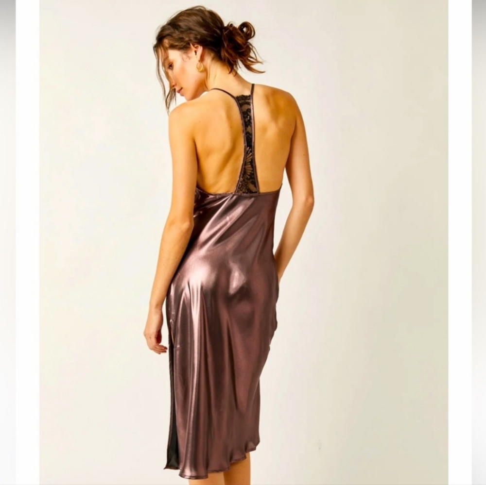 FREE PEOPLE Sunset Shimmer Midi Slip / Black Rose Gold NWT